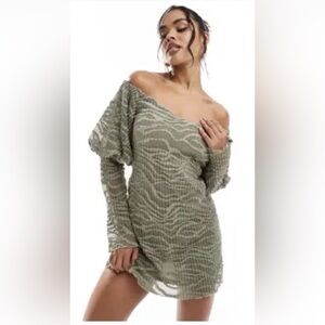 $64 NWT ASOS DESIGN plisse lace bardot mini dress with puff sleeve in sage US2